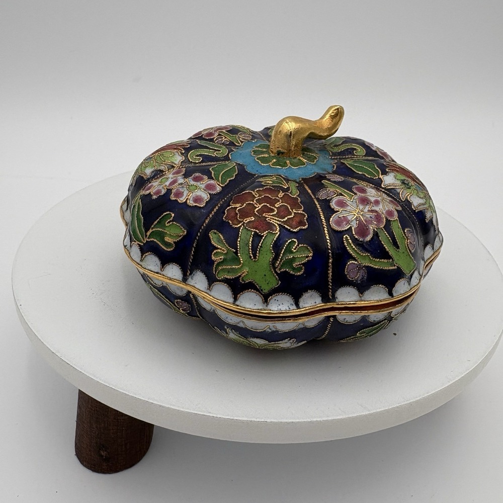 VTG Cloisonne Lidded Pumpkin Shaped Trinket Box China Blue Enamel 3 1/2"